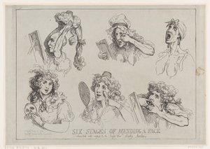 Seks stadier af at reparere et ansigt, dedikeret med hensyn til den rette ære. Lady Ar..., 29. maj 1792. af Thomas Rowlandson