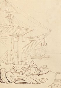 Tegning af en kvinde og børn, der sidder på en skibskaj af Thomas Rowlandson