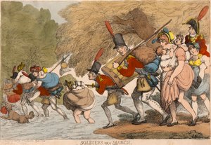 Soldater på en marts: "At pakke sine pletter og følge Trommen" af Thomas Rowlandson