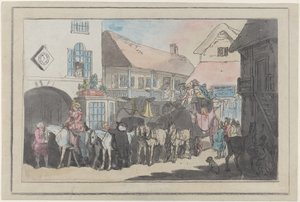 Scenecoach og ryttere i gården til en kro, forbereder sig til afgang, 1789-95., 1789-95. af Thomas Rowlandson