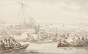 Det årlige scullingløb for Doggetts frakke og badge, ca. 1805-10 (blyant, pen, blæk og akvarel på papir) af Thomas Rowlandson