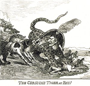 Den gøede korsikanske tiger (Napoleon Bonaparte), karikatur 1808 af Thomas Rowlandson