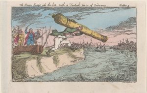 Baronen hopper i havet med et tyrkisk stykke ammunition, [1809], re..., [1809], genudgivet 1811. af Thomas Rowlandson