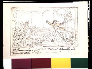 Baronen holder en tale til nationalforsamlingen og driver alle medlemmer ud (pen & blæk og akvarel på papir) af Thomas Rowlandson