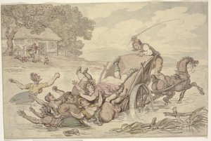 "The Carter and the Gypsies": En vogn vendte om i et vandløb og væltede en gruppe kvinder i vandet af Thomas Rowlandson
