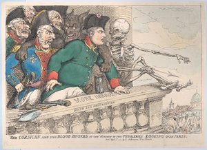 Korsikaneren og hans blodhunde ved vinduet til Thuillerierne, der kigger over P..., 16. april 1815. af Thomas Rowlandson