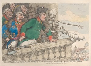 Korsikaneren og hans blodhunde ved vinduet til Thuillerierne, der kigger over P..., 16. april 1815. af Thomas Rowlandson