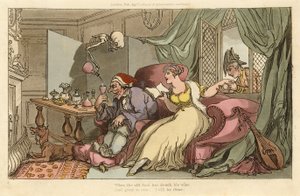 The Honeymoon, fra The English Dance of Death, pub. 1816 (håndfarvet gravering) af Thomas Rowlandson