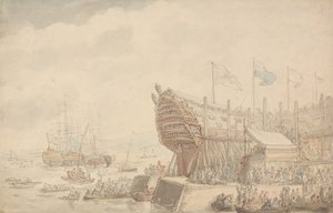 Søsætningen af H.M.S. »Hibernia« i 1804 af Thomas Rowlandson