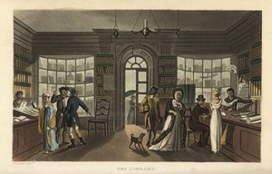 Biblioteket. Kunder, herunder en kvinde og hendes sorte tjener, kigger på nye bøger i et cirkulerende bibliotek (måske Ainsworths eller Saums eller Whitings). Håndfarvet kobberstik af Thomas Rowlandson efter en skitse af J. Green fra Poetical S af Thomas Rowlandson