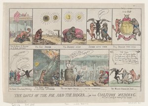 Rævens og Grævlingens kærligheder eller koalitionens bryllup. , 7. Januar 1784., 7. Januar 1784. af Thomas Rowlandson