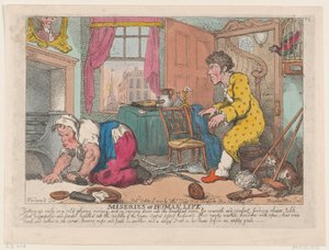 Menneskelivets elendighed: At stå tidligt op i en kold dyster morgen...før ..., 9. oktober 1807. af Thomas Rowlandson