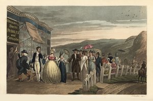 The Promenade: fashionable turister, der slentrer udenfor Cracknill Shells, Pebbles and Curiosities Shop. Håndfarvet kobberstik af Thomas Rowlandson, akvatint af J.C. Stadler, efter en skitse af J. Green fra Poetical Sketches of Scarborough, Acker af Thomas Rowlandson