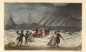Vandfesten: turister opgiver en sørejse på grund af dårligt vejr. Håndfarvet kobberstik af Thomas Rowlandson, akvatint af J.C. Stadler, efter en skitse af J. Green fra Poetical Sketches of Scarborough, Ackermann, London af Thomas Rowlandson
