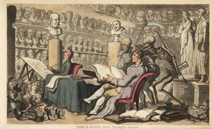 Figurerne af Tid med le og Døden med sit spyd og timeglas står bag en kunstner med en fjerpentegning i et atelier fyldt med klassiske buster og skulpturer. Håndfarvet kobberplade tegnet og graveret af Thomas Rowlandson fra The Eng af Thomas Rowlandson