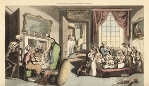 Dødens skelet dukker op i stuen i en stor familie for at tage et barn eller nyfødt baby. Håndfarvet kobberplade tegnet og graveret af Thomas Rowlandson fra The English Dance of Death, Ackermann, London af Thomas Rowlandson