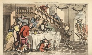 Dødens skelet kommer efter en jæger, da han gemmer sig under et bord efter en rævejagt. Håndfarvet kobberplade tegnet og graveret af Thomas Rowlandson fra The English Dance of Death, Ackermann, London af Thomas Rowlandson