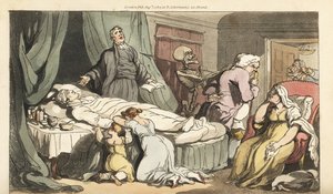 Dødens skelet kommer til lægen, da præsten beder over den døde krop af en god mand, der sørges af hans kone og barn. Håndfarvet kobberplade tegnet og graveret af Thomas Rowlandson fra The English Dance of Death, Ackermann, London af Thomas Rowlandson
