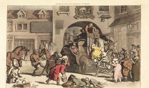 Dødens skelet hjælper en stor matrone ind på den fatale sidste fase. Håndfarvet kobberplade tegnet og graveret af Thomas Rowlandson fra The English Dance of Death, Ackermann, London af Thomas Rowlandson