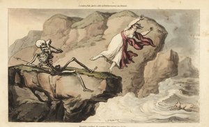 Dødens skelet holder et lommetørklæde til sin øjenhule, da en kvinde begår selvmord ud for en klippe for at slutte sig til sin druknede elsker. Håndfarvet kobberplade tegnet og graveret af Thomas Rowlandson fra The English Dance of Death, Ackermann, London af Thomas Rowlandson