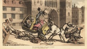 Skelettet af Døden i kappe og kasket driver en to-hestes vogn, da den styrter ind i vejarbejde og dræber hans passager, en retsbetjent. Håndfarvet kobberplade tegnet og graveret af Thomas Rowlandson fra The English Dance of Death, Ackermann, London af Thomas Rowlandson