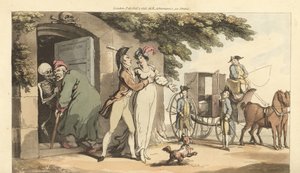 Dødens skelet fører en gammel mand ind i et mausoleum og efterlader hans unge enke fri til at gifte sig igen. Håndfarvet kobberplade tegnet og graveret af Thomas Rowlandson fra The English Dance of Death, Ackermann, London af Thomas Rowlandson