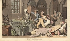 Dødens skelet fører grådige børn til guldstammen af en gnier, der ligger død på en seng og knuger et testamente og en pose penge. Håndfarvet kobberplade tegnet og graveret af Thomas Rowlandson fra The English Dance of Death, Ackermann, London af Thomas Rowlandson