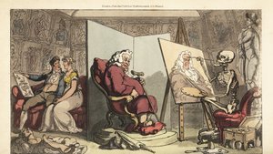 Dødens skelet maler et portræt af en rådmand, mens hans unge tjenestepige flirter med en galant kunstner bag skærmen. Håndfarvet kobberplade tegnet og graveret af Thomas Rowlandson fra The English Dance of Death, Ackermann, London af Thomas Rowlandson