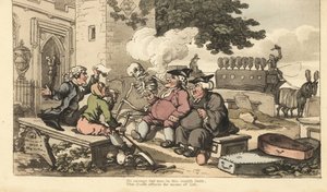 Dødens skelet ryger pibe på en gravsten med mænd, der lever af døden - præst, graver, bedemand, klokkeren, ligvognsfører og advokat. Kirkegårdsdebatten. Håndfarvet kobberstik tegnet og graveret af Thomas Rowlandson fra