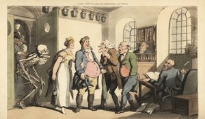 Dødens skelet overrasker Ned Freeman, da han besøger forsikringskontoret, og efterlader sin enke med en enorm sum. Håndfarvet kobberplade tegnet og graveret af Thomas Rowlandson fra The English Dance of Death, Ackermann, London af Thomas Rowlandson