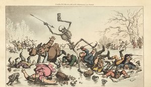 Dødens skelet med dart- og timeglasskøjteløb på en frossen dam, mens andre skatere falder gennem den knuste is. Håndfarvet kobberplade tegnet og graveret af Thomas Rowlandson fra The English Dance of Death, Ackermann, London af Thomas Rowlandson