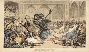 Dødens skelet med sin pil forårsager optøjer blandt harlekiner, jockeyer, nonner, tyrkere og fjols ved et maskeradebal. Håndfarvet kobberplade tegnet og graveret af Thomas Rowlandson fra The English Dance of Death, Ackermann, London af Thomas Rowlandson