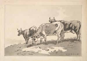 Tre køer stående på kanten af en mark, 1784-87. af Thomas Rowlandson