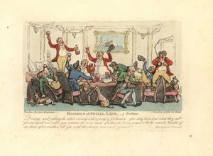 Træt og beruset mand til et hæsblæsende middagsselskab med rævejægere. af Thomas Rowlandson