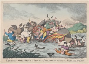Rejsende forfrisket i en Stagnet [sic] Pool, efter Trætheden af en Støvet..., 1. februar 1809. af Thomas Rowlandson