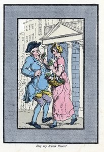 Omrejsende blomsterhandler, nærmer sig en smilende herre med en lille buket roser (1819). Træstik, baseret på et maleri af Thomas Rowlandson (1756-1827), udgivet i The Cris of London: med seks charmerende børn og næsten 40 illustrationer, b. af Thomas Rowlandson