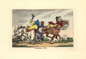 To mænd falder af deres heste efter at have vist frem. Viser sig frem. af Thomas Rowlandson