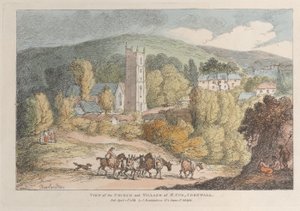 Udsigt over kirken og landsbyen St. Cue, Cornwall, fra Views in Cornwall, A..., 12. april 1812. af Thomas Rowlandson