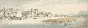 Udsigt over byen ved en flod Carwitham Castle, 1775-1827. af Thomas Rowlandson