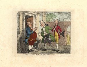 Besøgende herrer nægtede adgang til et hus af en tjener. af Thomas Rowlandson