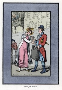 Kvinde betaler og lægger et brev i en taske båret af en ansat i det britiske kongelige postkontor. Træstik, baseret på et maleri af Thomas Rowlandson (1756-1827), udgivet i The Cris of London: med seks charmerende børn og næsten 40 illustrationer, af An af Thomas Rowlandson