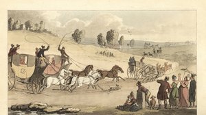 Unge engelske herrer racerløb med fire-hestes vogne på en vej af Thomas Rowlandson