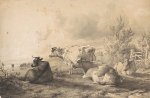 Kvæg, der ligger nær et hegn af Thomas Sidney Cooper