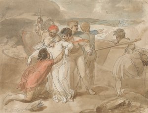En kvinde reddet fra havet og assisteret i land, robåd og redningsfolk i baggrunden af Thomas Stothard