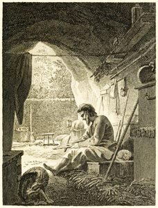 ?Robinson Crusoe på arbejde i sin hule? fra ?The Life and Strange Surprising Adventures of Robinson Crusoe, or York, Mariner? af Daniel Defoe