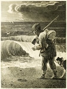 "Robinson Crusoe opdager aftrykket af en mands fod" fra "Robinson Crusoes liv og mærkelige og overraskende eventyr, eller York, Mariner" af Daniel Defoe