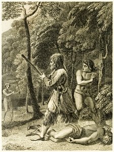 ?Robinson Crusoe ser og redder først sin mand Friday? fra ?The Life and Strange Surprising Adventures of Robinson Crusoe, or York, Mariner? af Daniel Defoe