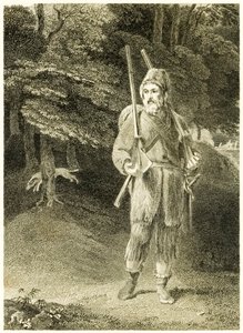 "Robinson Crusoe på jagt" fra "Robinson Crusoes liv og mærkelige og overraskende eventyr, eller York, Mariner" af Daniel Defoe af Thomas Stothard