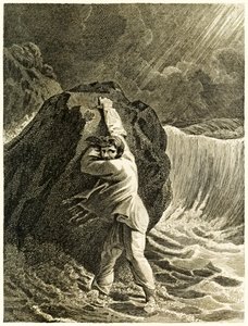 Robinson Crusoe, skibbrudne og klamrer sig til en klippe" fra "Robinson Crusoe, eller York, Marinerens liv og mærkelige og overraskende eventyr" af Daniel Defoe