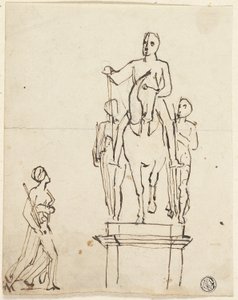 Skulptur af rytter ledsaget af to stående figurer, med skitse af en af de sidste af Thomas Stothard
